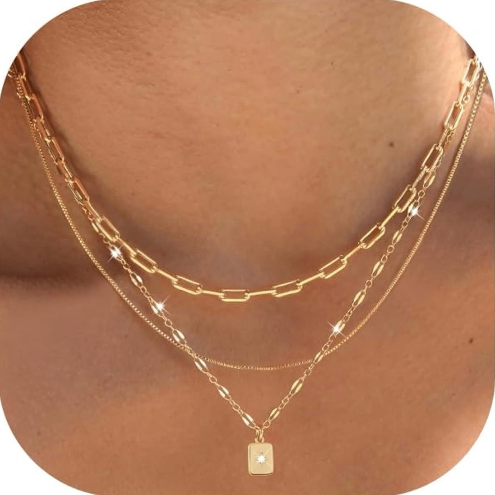 Layered Gold Necklaces for Women Trendy, 3 Pcs 14K Gold Plated Choker Paperclip